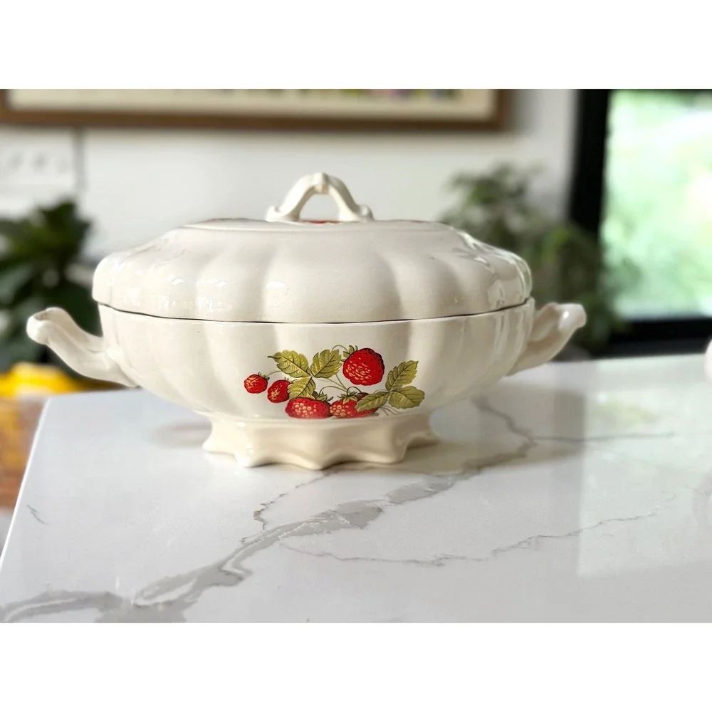 Vintage Strawberry Ceramic Lidded‎ Soup Tureen Scalloped Footed Serving Dish